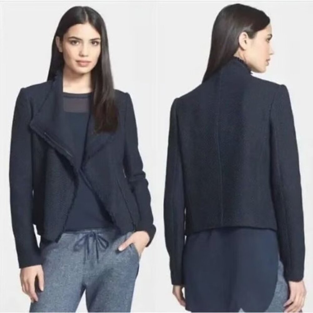 Vince Women's Small Navy Frayed Edge Tweed Full Zip Scuba Moto Jacket Designer